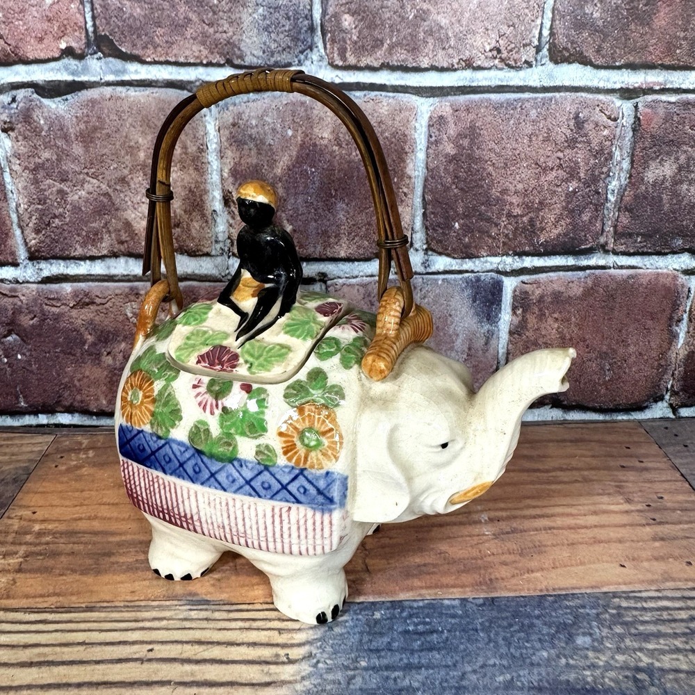 Vintage Banko‎ Ware Elephant Teapot w Rider Flowers Japan Taisho Bamboo Handle